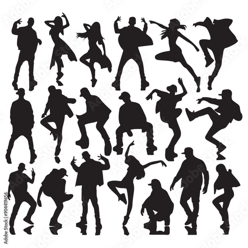 A set of black men and women street dance hip hop dancers in silhouette with white background photo