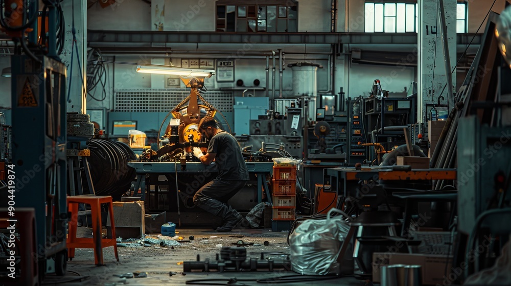 A focused man working diligently at a machine in a cluttered factory workshop, surrounded by tools and industrial equipment. A focused man working diligently at a machine in a cluttered factory workshop, surrounded by tools and industrial equipment.