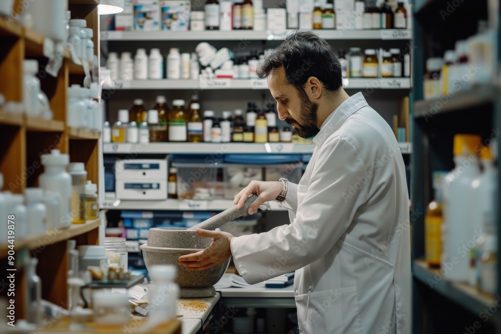 A pharmacist working in a pharmaceutical environment, carefully preparing medicine with a mortar and pestle, surrounded by shelves of bottles and supplies. A pharmacist working in a pharmaceutical environment, carefully preparing medicine with a mortar and pestle, surrounded by shelves of bottles and supplies.