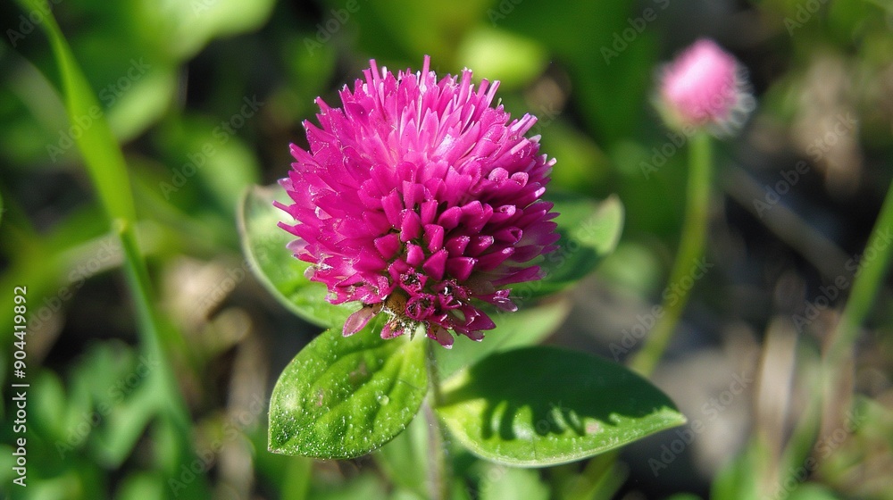A pink flower in close-up with a green leaf in the foreground and a blurred background A pink flower in close-up with a green leaf in the foreground and a blurred background