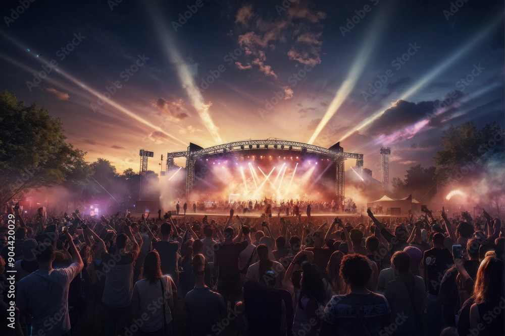 electric atmosphere of a music festival. energy of a crowd as they revel in the music, with the stage lights illuminating the night sky and creating a truly unforgettable experience. generative AI electric atmosphere of a music festival. energy of a crowd as they revel in the music, with the stage lights illuminating the night sky and creating a truly unforgettable experience. generative AI