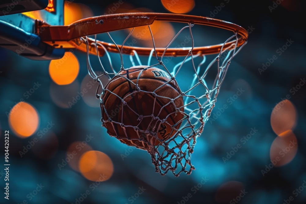 A basketball going through the net of an indoor hoop, blurred background. A basketball going through the net of an indoor hoop, blurred background.