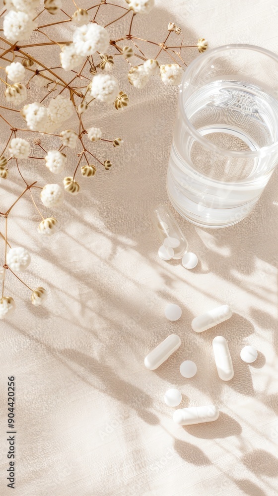 A clear glass filled with water sits beside scattered white tablets on a soft, neutral-colored background illuminated by natural light A clear glass filled with water sits beside scattered white tablets on a soft, neutral-colored background illuminated by natural light