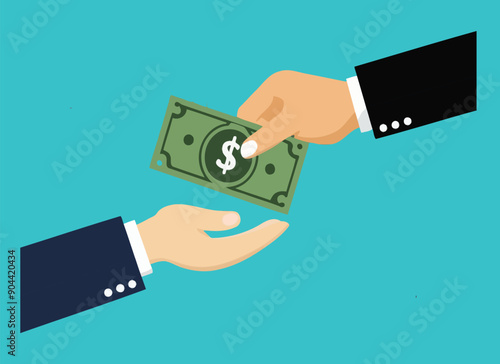 A flat vector Money passes between human hands. Pay for something. The hand has banknotes and a credit card in it.