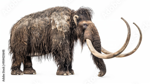 Woolly Mammoth Isolated on White Background, Prehistoric Ice Age Animal, Extinct Mammoth Species, Detailed Woolly Fur, Ancient Megafauna, Paleontological Illustration, Majestic Mammoth Representation