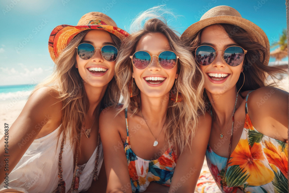 bohemian spirit of carefree friends enjoying a sunny beach day. Their colorful outfits, stylish accessories, and infectious laughter capture the essence of summer fun and friendship. generative AI bohemian spirit of carefree friends enjoying a sunny beach day. Their colorful outfits, stylish accessories, and infectious laughter capture the essence of summer fun and friendship. generative AI