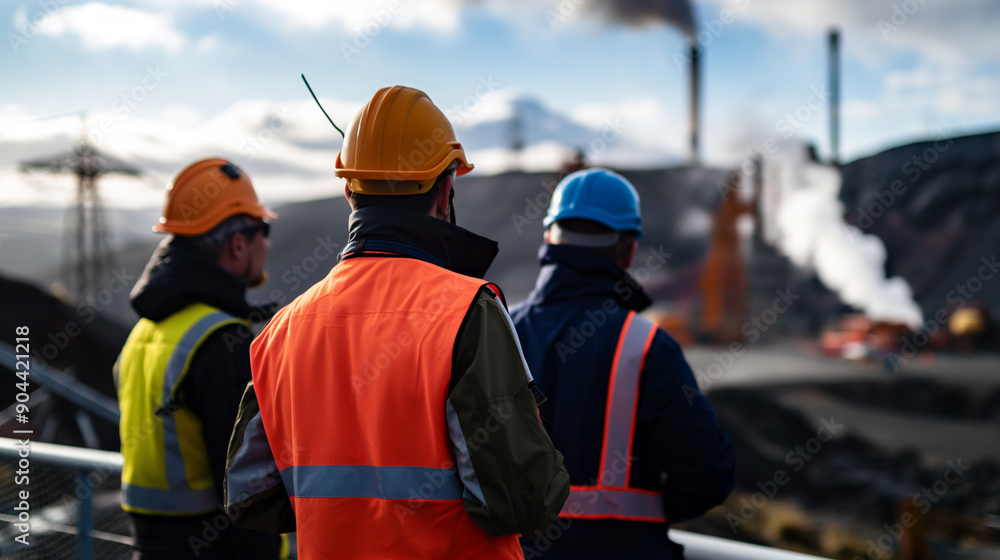 Workers conducting safety checks at a geothermal power plant Workers conducting safety checks at a geothermal power plant