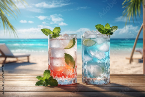 delicious drinks perfect for a hot summer day. The combination of colorful cocktails, icy lemonades, and fruity smoothies, garnished with fresh mint and citrus. generative AI