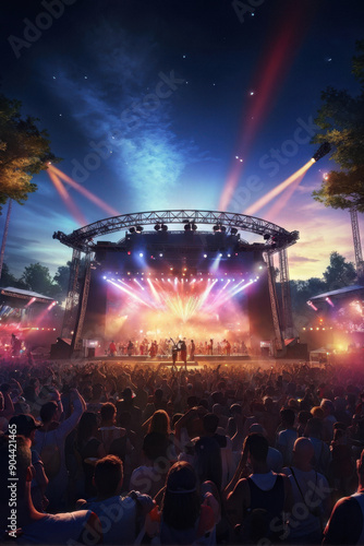 electric atmosphere of a music festival.  energy of a crowd as they revel in the music, with the stage lights illuminating the night sky and creating a truly unforgettable experience. generative AI