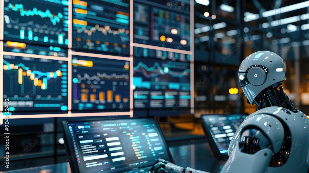 A sophisticated AI system analyzing complex financial data in a high-tech office environment. A sophisticated AI system analyzing complex financial data in a high-tech office environment.