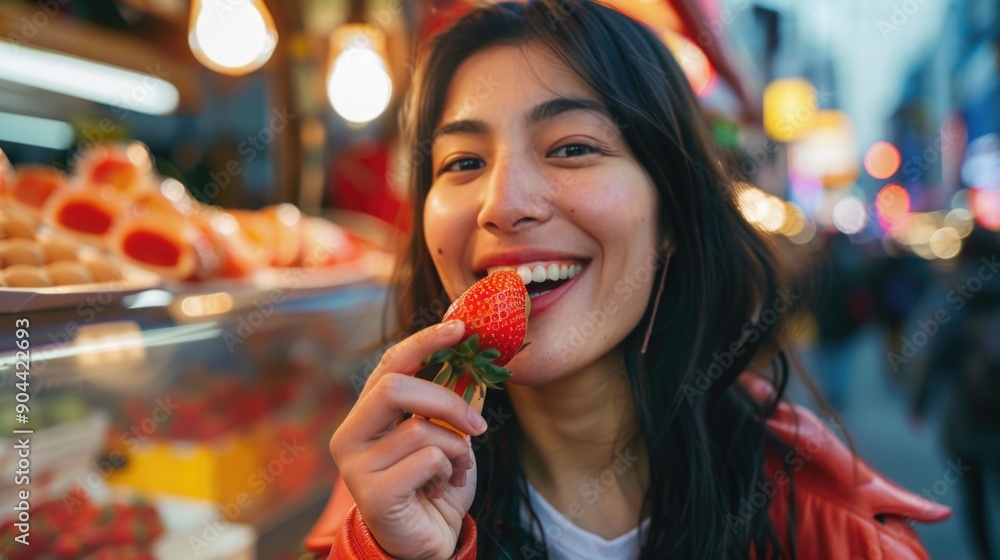A happy woman in a vibrant fruit market, biting into a strawberry. A happy woman in a vibrant fruit market, biting into a strawberry.