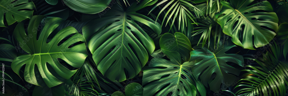 Vibrant green tropical leaves. Natural texture and glossy appearance Vibrant green tropical leaves. Natural texture and glossy appearance