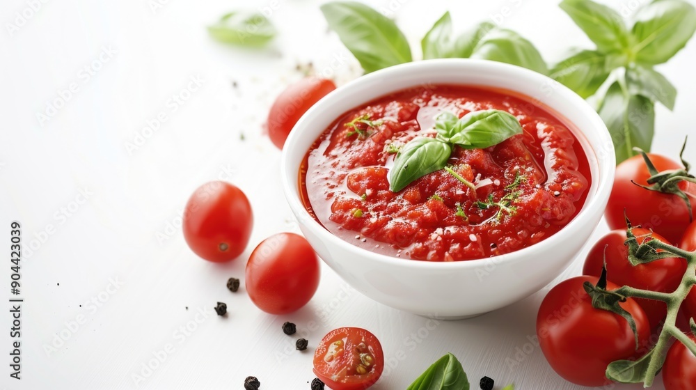 Red tomato paste in a bowl, accompanied by whole tomatoes and basil for gourmet pizza or pasta sauce. Authentic Italian flavor. Red tomato paste in a bowl, accompanied by whole tomatoes and basil for gourmet pizza or pasta sauce. Authentic Italian flavor.