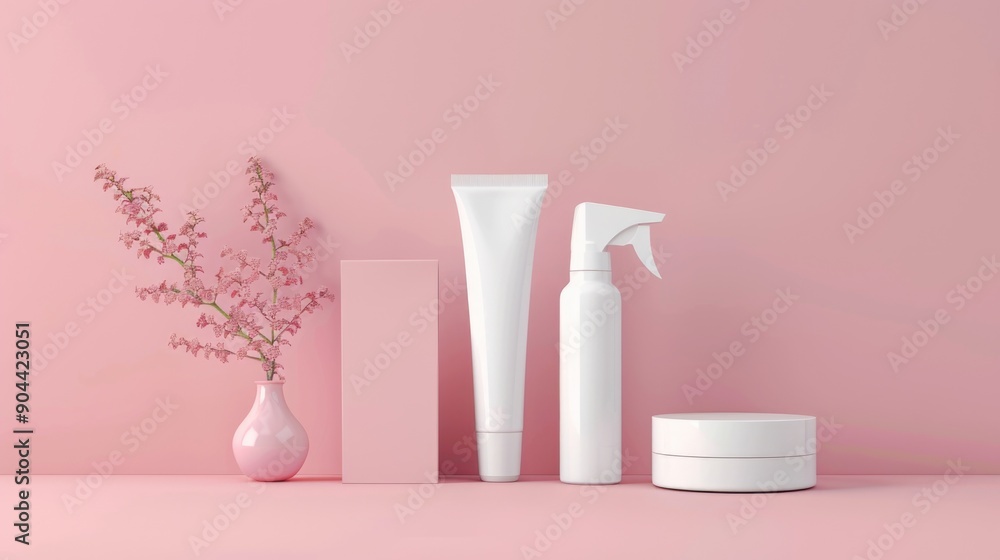 A pink bathroom scene featuring skincare products, including a soap dispenser and various bottles. The counter is organized and the items are clearly visible. A pink bathroom scene featuring skincare products, including a soap dispenser and various bottles. The counter is organized and the items are clearly visible.