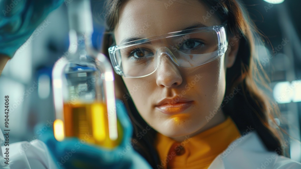 Scientist in lab coat and goggles examining test tube, likely analyzing the contents for research purposes. Scientist in lab coat and goggles examining test tube, likely analyzing the contents for research purposes.