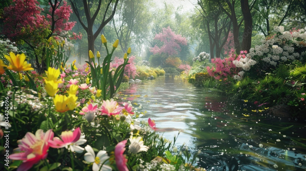 A lush, colorful spring garden with a stream meandering through it. Pink and yellow flowers bloom in abundance. A lush, colorful spring garden with a stream meandering through it. Pink and yellow flowers bloom in abundance.