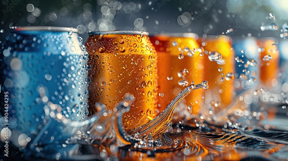 Φωτογραφία A close-up of a row of soda cans with water splashing on the top and bottom of