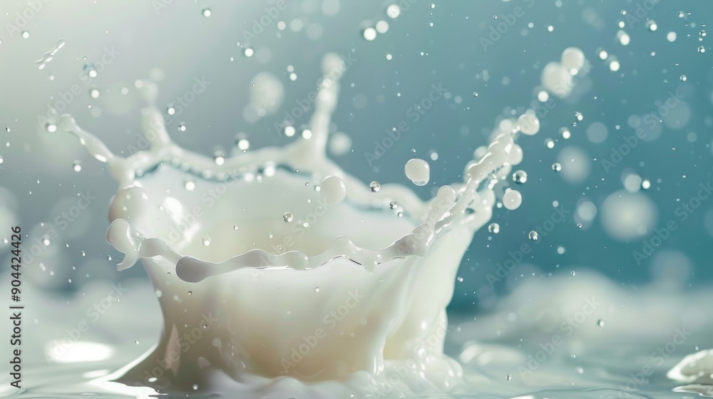 Milk forming a crown-like splash with droplets in mid-air against a blue-green background Milk forming a crown-like splash with droplets in mid-air against a blue-green background