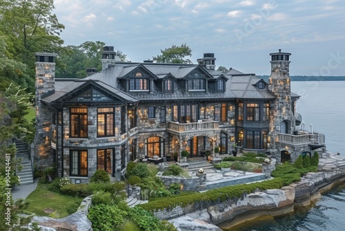 A stunning aerial view of the expansive, three-story stone and shingle house. © Ghiska