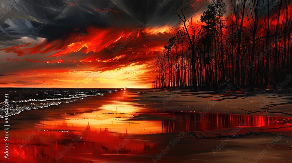 Fototapeta premium Sunset beach painting - more concise while maintaining clarity