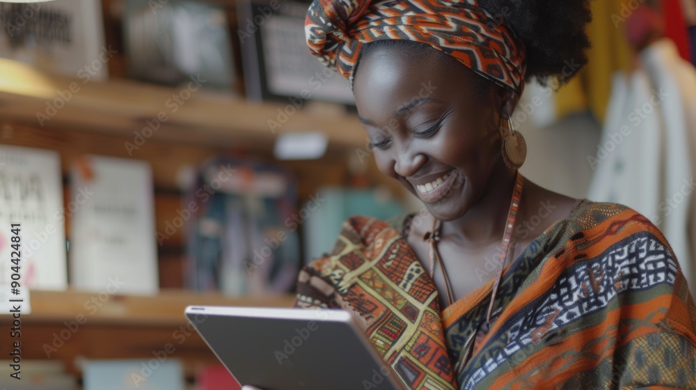 Smiling woman in vibrant cultural attire, using tablet at a library surrounded by books, embracing technology with traditional clothing, showing a modern and joyful approach to learning. Smiling woman in vibrant cultural attire, using tablet at a library surrounded by books, embracing technology with traditional clothing, showing a modern and joyful approach to learning.
