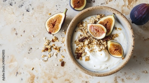 A delicious and nutritious grain-free, vegan breakfast bowl with a layer of yogurt topped with nuts and fruit. It's perfect for starting the day healthfully and satisfyingly. photo