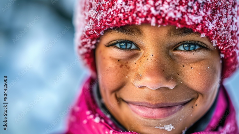 A young woman with blue eyes is smiling at the camera, enjoying a winter day outside. A young woman with blue eyes is smiling at the camera, enjoying a winter day outside.
