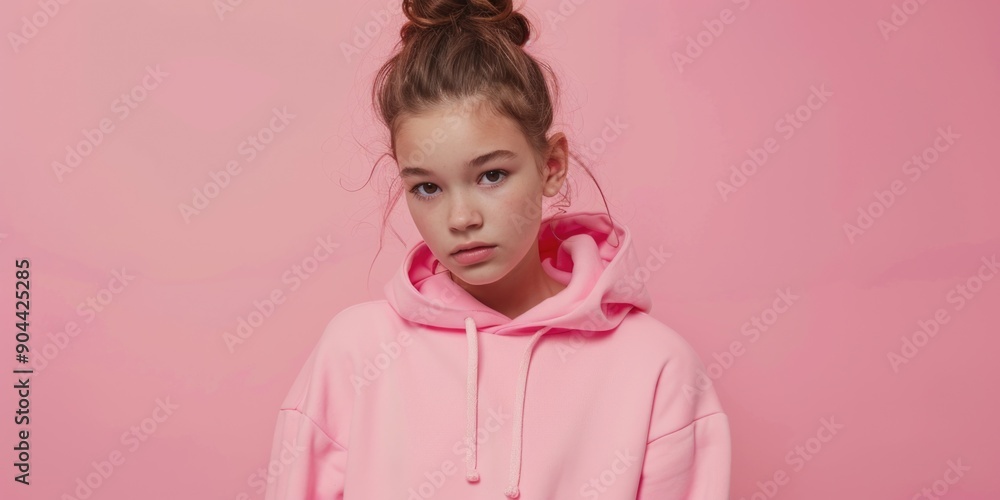 A young woman wearing a pink hooded sweatshirt and styling her hair into a bun, showcasing modern fashion trends. A young woman wearing a pink hooded sweatshirt and styling her hair into a bun, showcasing modern fashion trends.