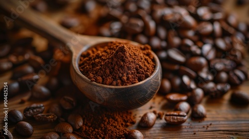 A close-up of coffee grounds and beans on a rustic wooden background, perfect for coffee enthusiasts.