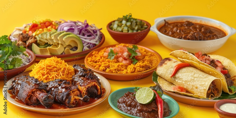 This is a close-up image of a variety of Mexican dishes served in bowls on a table. The food includes tortillas, salsa, guacamole, and various types of meat such as chicken, beef, and pork. This is a close-up image of a variety of Mexican dishes served in bowls on a table. The food includes tortillas, salsa, guacamole, and various types of meat such as chicken, beef, and pork.