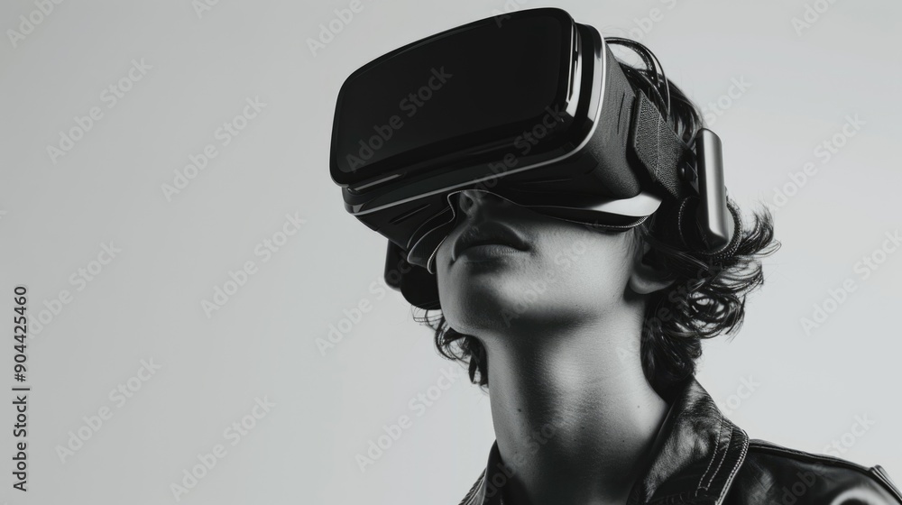 The image shows a person wearing a virtual reality headset, indicating the adoption of advanced technology and its impact on modern experiences. The image shows a person wearing a virtual reality headset, indicating the adoption of advanced technology and its impact on modern experiences.