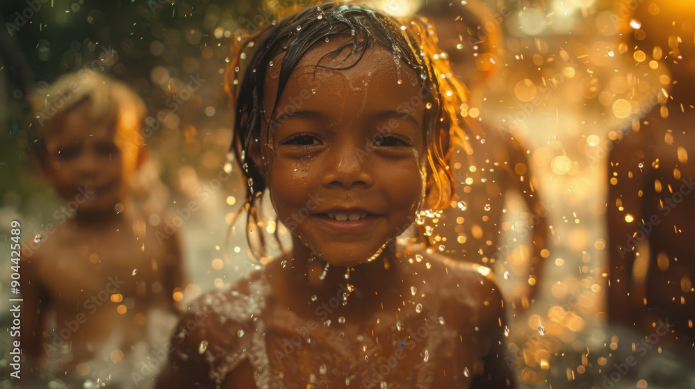 Happy child playing in water with splashes, capturing a joyful moment filled with energy and beauty. Happy child playing in water with splashes, capturing a joyful moment filled with energy and beauty.