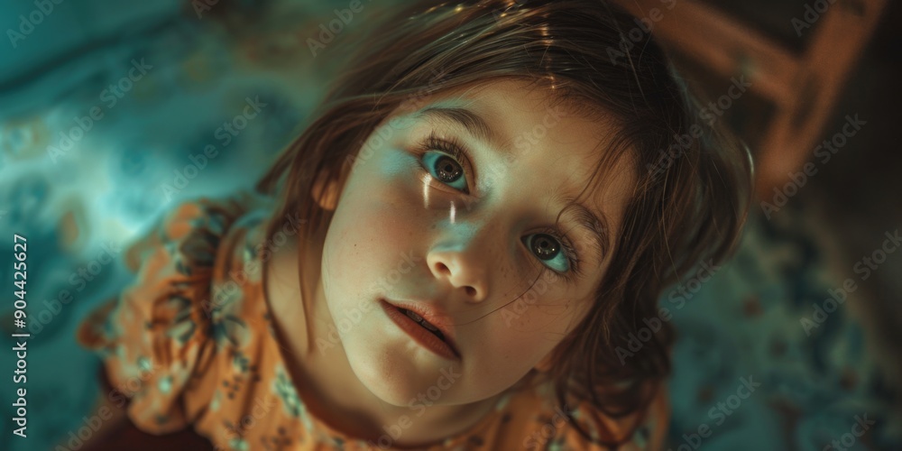 Fototapeta premium The image features a young girl with an innocent expression, looking directly at the camera. Her eyes are wide and her mouth is slightly open, suggesting curiosity