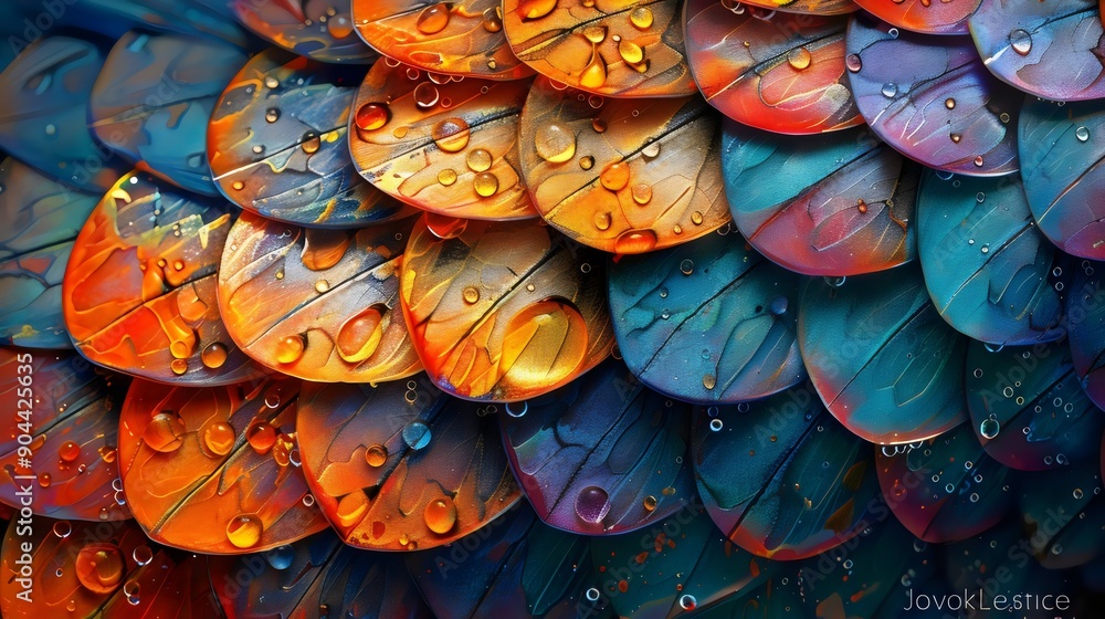 A colorful feather with droplets of water on it A colorful feather with droplets of water on it