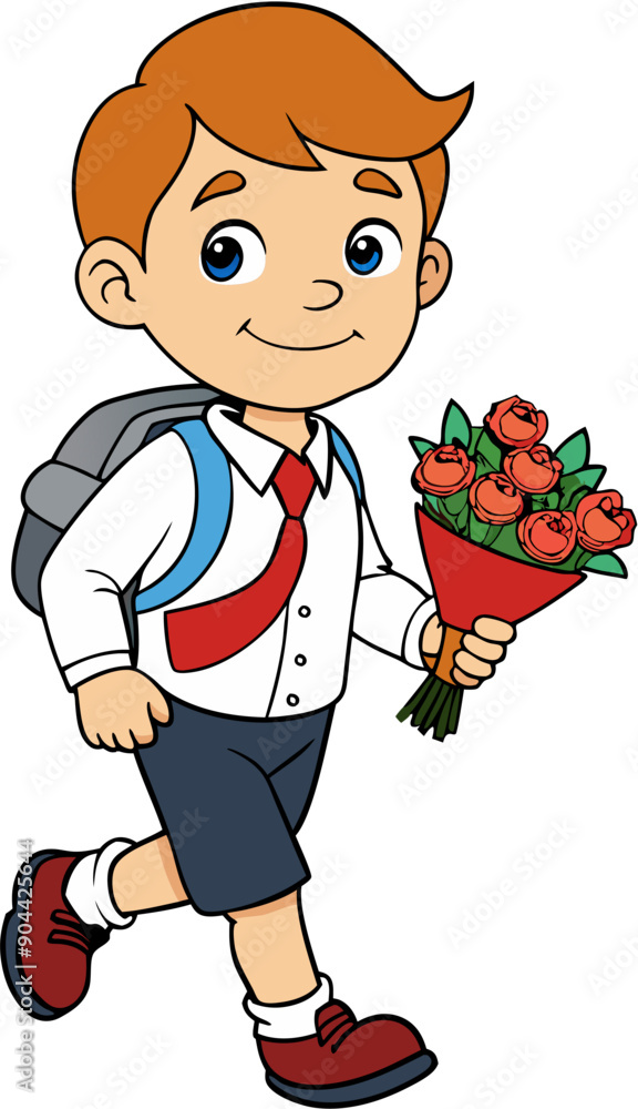 Schoolboy goes to school with a briefcase and a bouquet of flowers for the teacher on a transparent background ESP vector Schoolboy goes to school with a briefcase and a bouquet of flowers for the teacher on a transparent background ESP vector