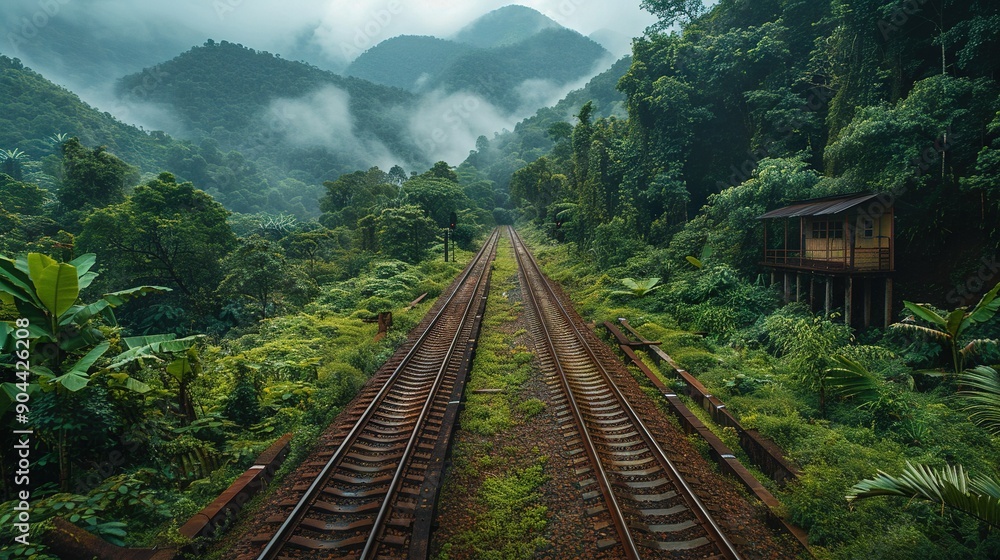 Fototapeta premium A jungle surrounds a track-hut combo