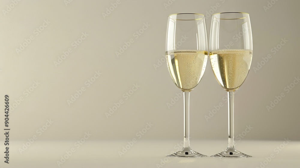 Two champagne glasses sit atop a table against a white wall Two champagne glasses sit atop a table against a white wall