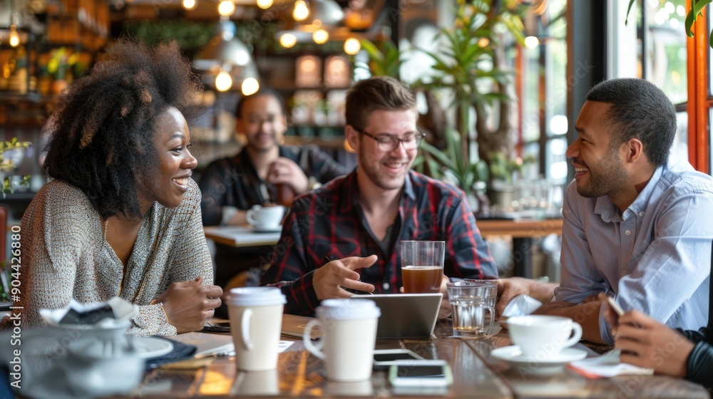 Varied Professionals Having A Relaxed Business Discussion In A Stylish Coffee Shop. Generative AI Varied Professionals Having A Relaxed Business Discussion In A Stylish Coffee Shop. Generative AI