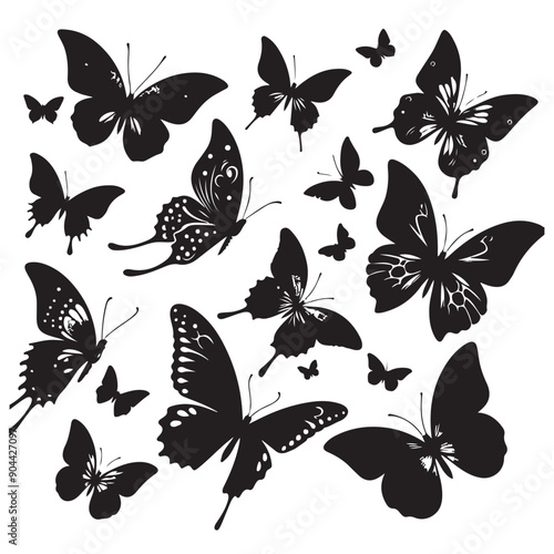 Flying butterflies silhouette black set isolated on transparent background