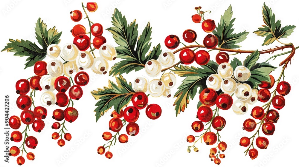 A painting depicts a cluster of reddish berries dangling from a green-leaved branch A painting depicts a cluster of reddish berries dangling from a green-leaved branch