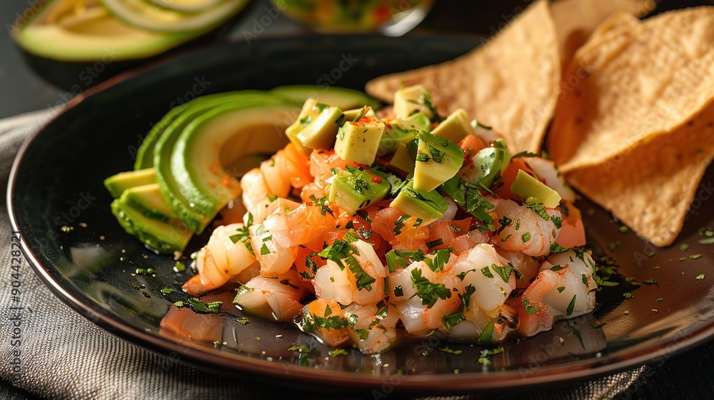 A_refreshing_seafood_ceviche_on_a_sleek_black_plate A_refreshing_seafood_ceviche_on_a_sleek_black_plate