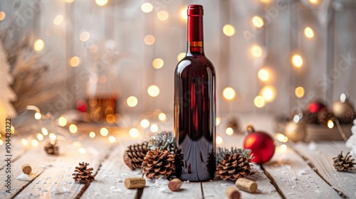 A warm and cozy holiday scene showcasing a bottle of red wine along with various festive decorations all around photo