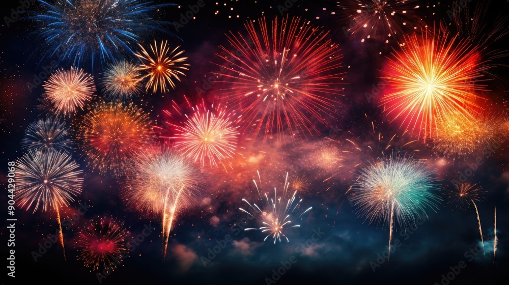 Naklejka premium Bright bursts of fireworks against a dark backdrop, Vibrant explosion of colors in the night sky.
