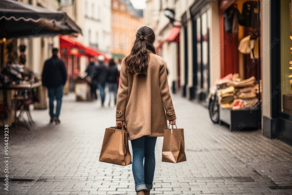 Fototapeta premium A woman walking down a street with shopping bags.