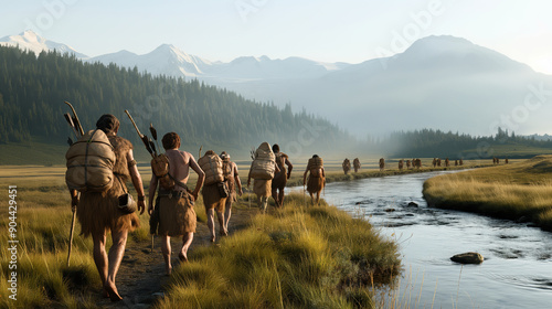 A group of prehistoric humans wearing animal hide clothing walking alongside a river in a natural landscape with hills, forests, and snow-capped mountains. photo