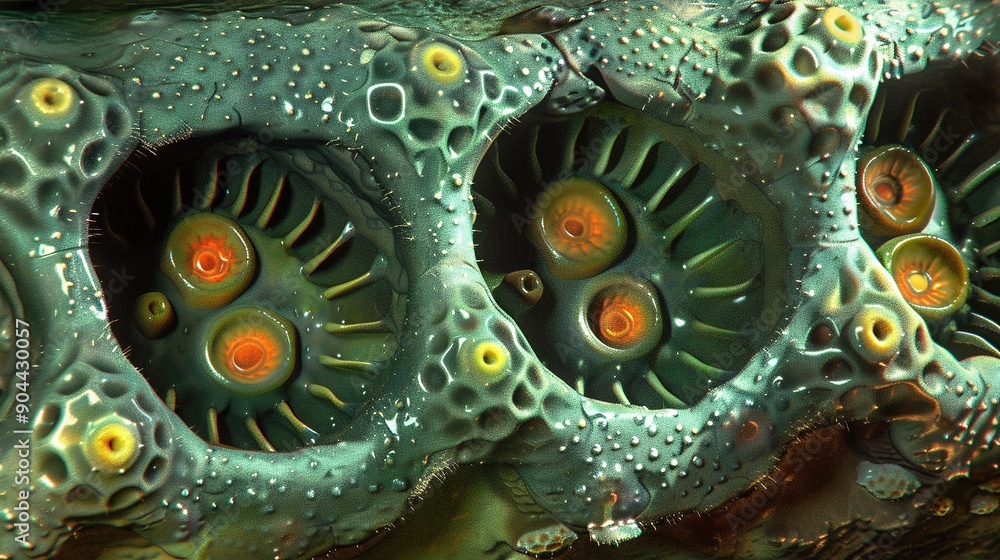 Sea anemone close-up, droplets on body, two orange eyes Sea anemone close-up, droplets on body, two orange eyes