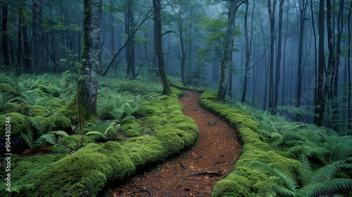 A tranquil forest path surrounded by lush greenery, inviting you to explore the serene beauty of nature.