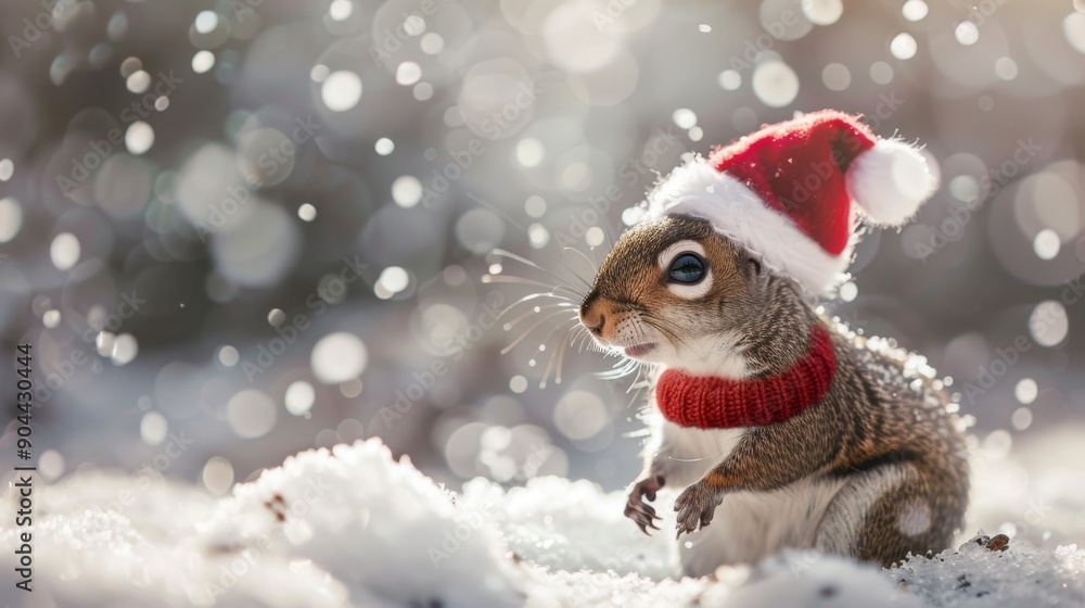 A small squirrel dressed in a festive Santa hat and knitted sweater explores a snowy landscape as snowflakes gently fall around it A small squirrel dressed in a festive Santa hat and knitted sweater explores a snowy landscape as snowflakes gently fall around it