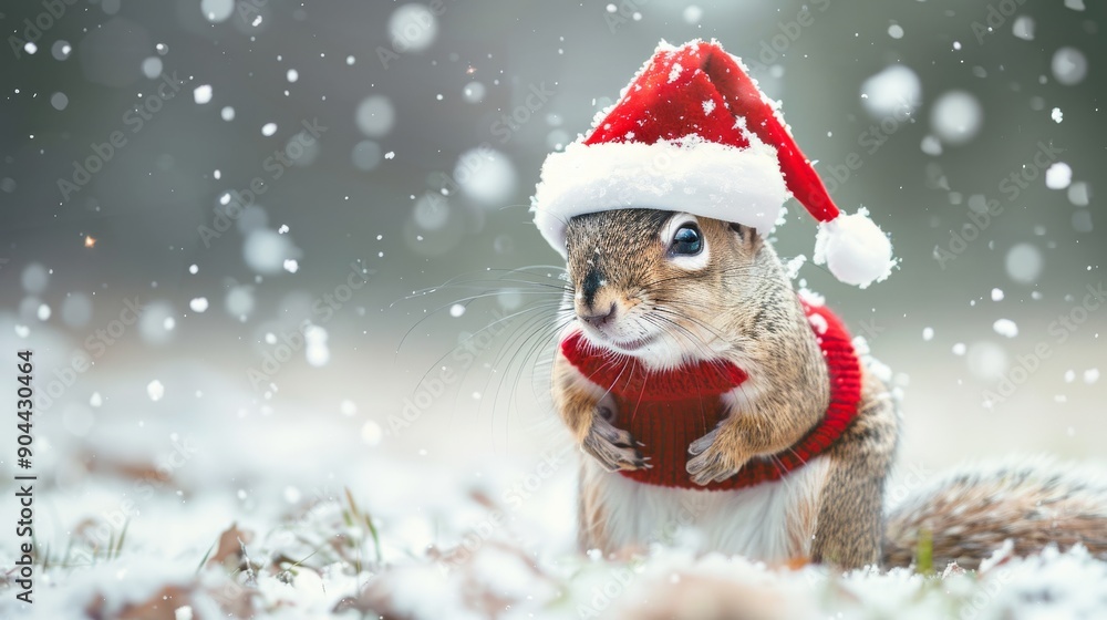 A playful squirrel, wearing a red Santa hat and knitted sweater, engages with the snowy scenery during a joyful winter day A playful squirrel, wearing a red Santa hat and knitted sweater, engages with the snowy scenery during a joyful winter day