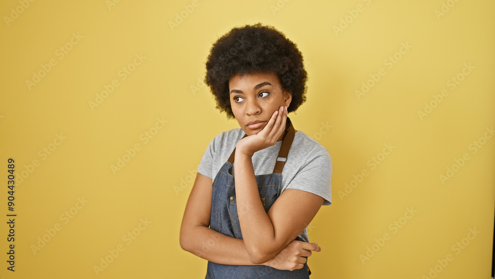 Thoughtful african american woman with curly hair posing against a yellow background, portraying casual beauty. Thoughtful african american woman with curly hair posing against a yellow background, portraying casual beauty.